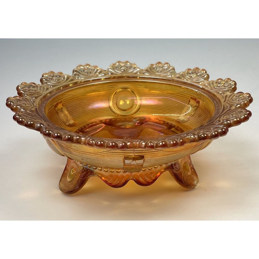 VTG IMPERIAL GLASS 7" Dark Marigold Carnival Glass Ornate Footed CANDY BOWL Read